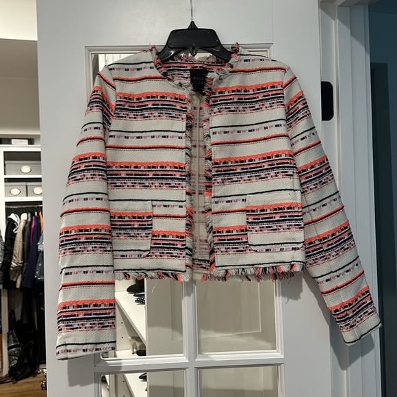 Anthropologie x Belle Vere Size Small White Neon Pink Black Stripe Tweed Blazer - Picture 4 of 7